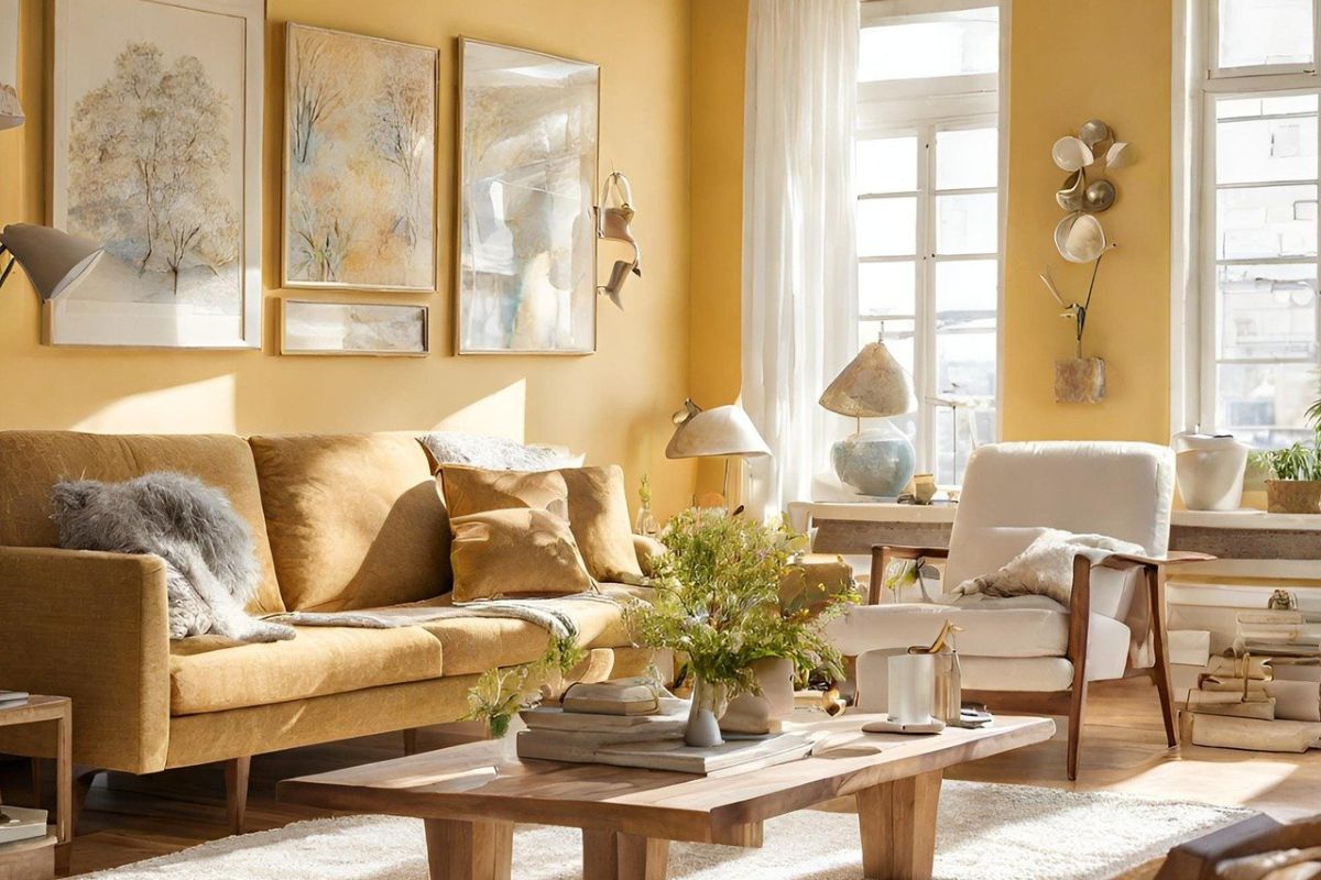 decoración salón en tonos pastel y amarillo