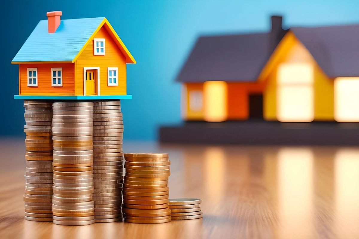 casa sostenida sobre monedas y al fondo otra casa mas grande difuminada