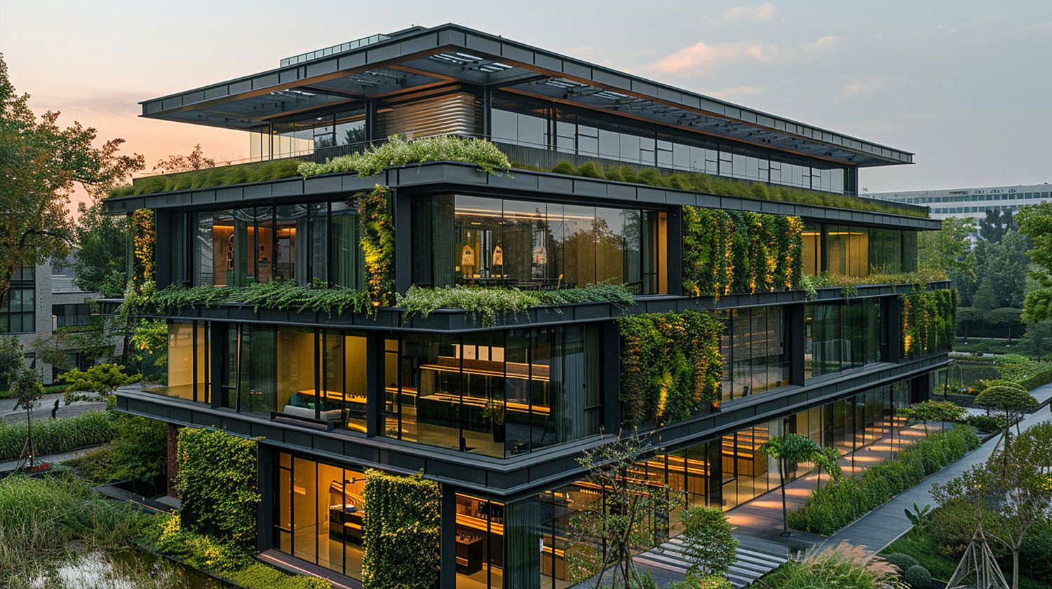 Edificio moderno con grandes ventanales y fachada cubierta de vegetación